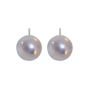 Elegant high-luster white round pearl stud earrings with silver posts jewelry gift