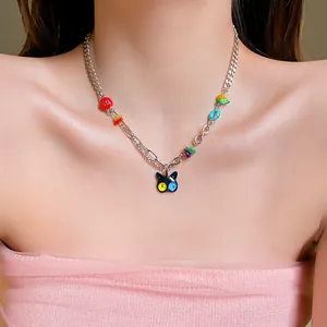 Vibrant Y2K dopamine style necklace featuring cartoon cat pendant and colorful beads