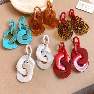 Acrylic Geometric Link Tassel Drop Earrings With Steel Post Marble Leopard Pattern Oversized Statement Earrings For Women
