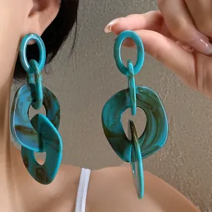 Fashionable statement turquoise marble acrylic geometric link drop earrings for women
