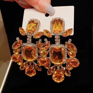 Vintage European Alloy Rhinestone Square Teardrop Stud Earrings With 925 Sterling Silver Post Oversized Jewelry For Women