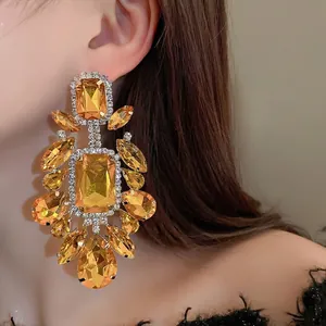 Oversized vintage amber yellow rhinestone drop earrings with S925 silver needle post