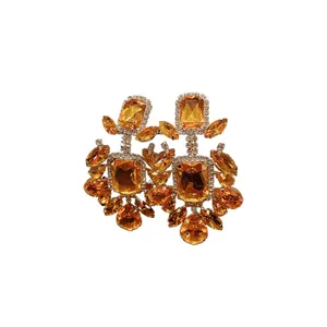 Oversized vintage silver needle earrings with amber square and teardrop rhinestones.