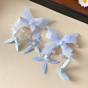 Elegant handmade light blue organza butterfly hair clips with crystal bead charms