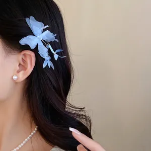 Elegant light blue fabric butterfly hair clip for women fairy style side hair accessory