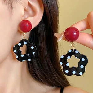 Vintage Red Round Ball Black Hollow Flower Polka Dot Drop Earrings For Women Retro Fashion Acrylic Jewelry Silver Earring Post