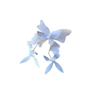 Light blue fabric butterfly hair clip with crystal beads, fairy-style aesthetic accessory