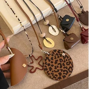 Vintage Zinc Alloy Artificial Leather Geometric Pendant Necklace For Women Mini Bag Charm Leopard Long Sweater Chain Jewelry