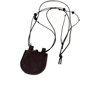 Dark brown faux suede pouch pendant necklace with adjustable long cord sweater chain