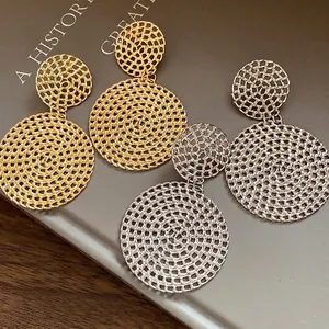 Luxury Alloy Hollow Round Drop Earrings With 925 Sterling Silver Earring Post Vintage Elegant Gold Silver Plated Jewelry For Women