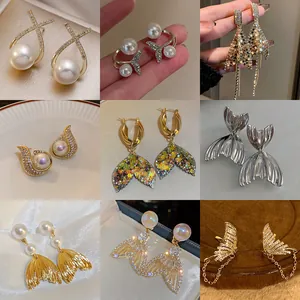 Luxurious 925 Sterling Silver Post Alloy Rhinestone Artificial Pearl Fishtail Tassel Earrings For Women Elegant Fashion Jewelry