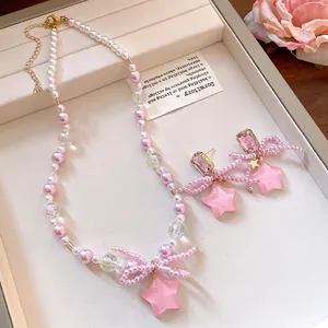 Sweet Pink Resin Star Bow Artificial Pearl Earrings Necklace Set For Women Summer Fresh Rhinestone Drop Jewelry With Silver Post