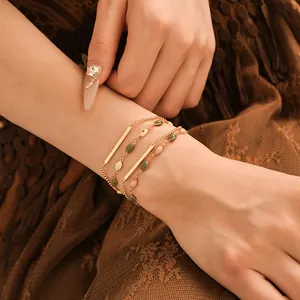 French Vintage Double Layer Gold Plated Bracelet For Women Alloy Enamel Beads Geometric Metal Bar Chain Bracelet Jewelry Gift
