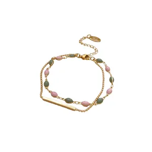 Elegant gold plated double-layer bracelet with vintage pink and green beads for women