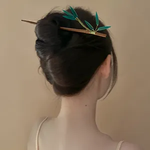 Elegant green bamboo leaf hair stick for Chinese Hanfu styling and bun hair accessory