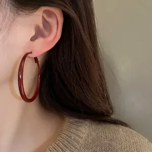 Vintage Hong Kong Style Red Enamel Hoop Earrings With 925 Sterling Silver Earring Post Fashion Exaggerated Jewelry Gift
