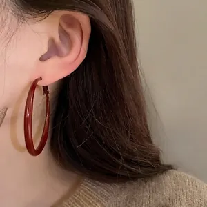 Elegant large vintage red drop oil hoop earrings with silver needles for women's fashion