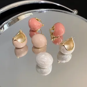 Minimalist vintage style enamel bean hoop earrings in pink, nude, and pearl white