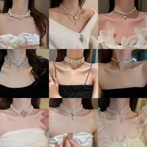 Eleganti girocollo di perle in stile francese e collane di strass per gioielli da donna