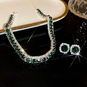 Elegant emerald green square necklace and earrings jewelry set with rhinestone accents