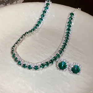 Elegant emerald green square crystal necklace and earring jewelry set with rhinestones