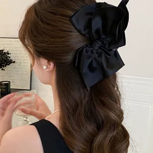 Grande Molla per Capelli Francese Con Fiocco in Raso Nero Elegante Fermaglio a Squalo Oversize Accessorio Capelli Vintage