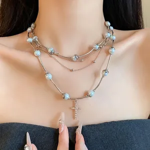 Vintage Multilayer Artificial Pearl Cross Pendant Necklace For Women Silver Tone Rhinestone Choker Elegant Fashion Jewelry