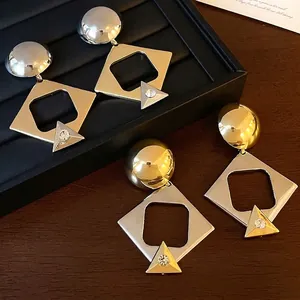 Vintage Geometric Rhombus Drop Earrings Alloy Rhinestone Statement Jewelry With Silver Earring Post For Women Fashion Gift