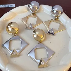 Retro geometric rhombus dangle earrings with silver needles and crystal accents for women