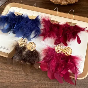 Vintage Feather Tassel Earrings With 925 Sterling Silver Earring Post Pleated Metal Bohemian Fringe Drop Earrings For Women