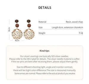 Detailed infographic of leopard print resin and wood earrings showing material and size