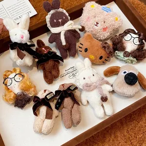 Handmade Flocked Bear Cat Dog Animal Brooch Autumn Winter Sweet Cute Plush Pin For Women Clothing Accessories Bag Decoration
