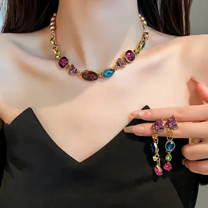 Pendientes de Borla de Flores de Diamantes de Imitación Coloridos de Estilo Corte Retro Elegante Collar de Joyas Mujer