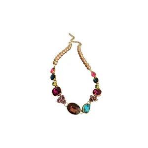 Elegante collar vintage de estilo dorado con cristales de colores y perlas mujer