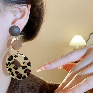 Leopard print acrylic and wood circle dangle earrings for women with silver needle