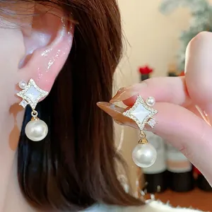 French Light Luxury 14K Gold Plated Starburst Pearl Stud Earrings With 925 Sterling Silver Post Zirconia Jewelry For Women