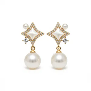 Elegant 14K gold plated star stud earrings with zircon and dangling white pearls