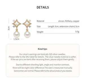 Detailed view of 14K gold plated star zircon earrings showing dimensions and material.