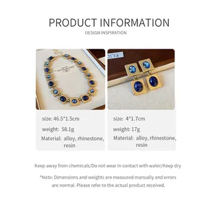 Ensemble collier et boucles d'oreilles carrés vintage avec strass bleus en alliage doré