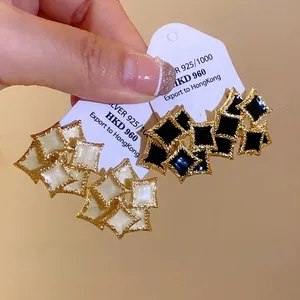 Minimalist Alloy Double Layer Square Geometric Stud Earrings Enamel Gold Plated 925 Sterling Silver Post Earrings Jewelry