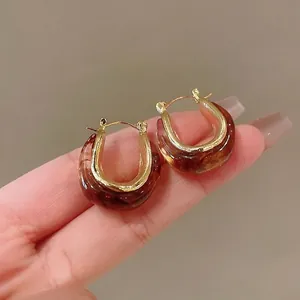 Maillard Vintage Elegant U-Shaped Geometric Huggie Earrings Gold Plated Resin Amber Tortoiseshell Pattern Earrings Jewelry For Women