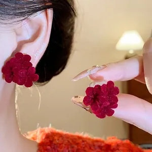 Elegant Red Flocked Flower Stud Earrings With 925 Sterling Silver Earring Post For Women Fashion Artificial Pearl Floral Jewelry