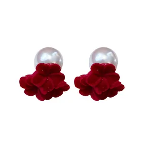 Elegant red flocked flower and white pearl stud earrings with silver needles for women