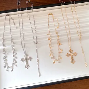 Luxury Alloy Rhinestone Cross Star Tassel Necklace For Women Punk Fashion Multi-Layer Long Chain Pendant Jewelry Gift