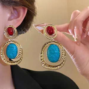 Orecchini Pendenti Ovali in Resina di Lega d'Oro Stile Corte Vintage Con Perno in Argento Sterling 925 Gioielli Retro Eleganti per Donna