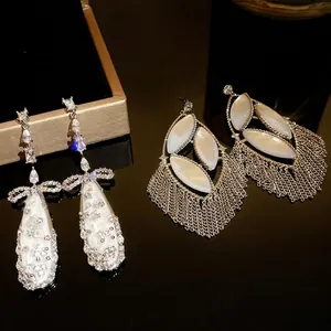 Stainless Steel Zirconia Mother Of Pearl Oval Tassel Drop Earrings For Women Fashion Bow European Exaggerated Jewelry