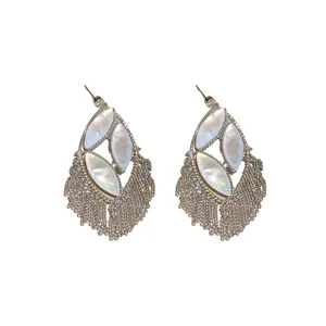 Elegant silver needle zircon mother-of-pearl oval earrings with sparkling fringe tassels