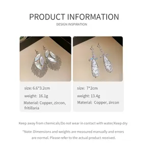 Detailed size and material information for zircon and shell tassel dangle earrings