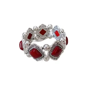Elegant vintage acrylic rhombic stretch bracelet with red resin insets for women
