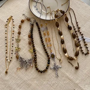 Vintage Neuer Chinesischer Tigerauge Stein Schmetterling Anhänger Halskette Maillard Braun Perlen Choker Für Damen Ethnischen Schmuck
